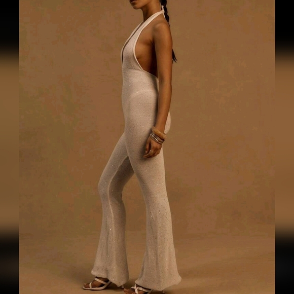 Halterneck Extreme Plunge Front Tie Waist Sequin Crochet Knit Flared Jumpsuit - Picture 3 of 4